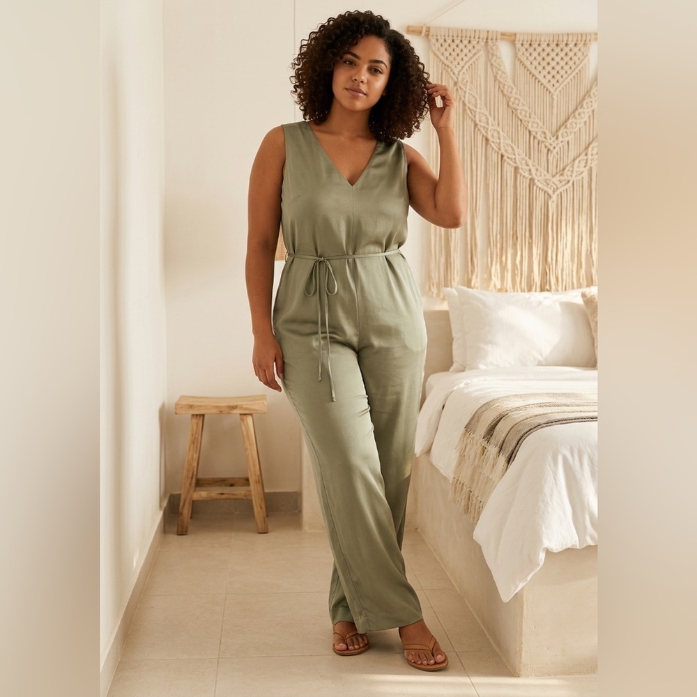 NWT Ettitude Women’s Sateen Jumpsuit V Neck Wide Legs - Moss Green - Size XL